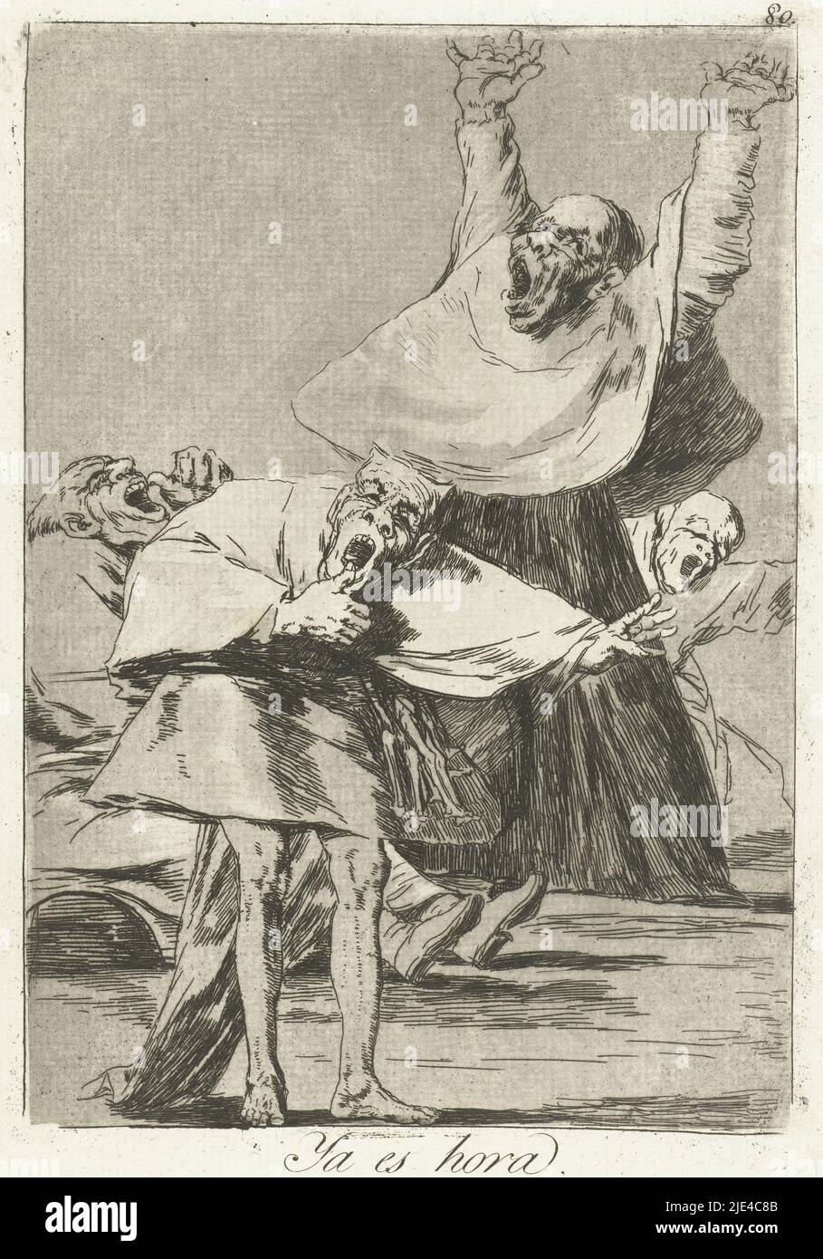 Es ist Zeit, Francisco de Goya, 1797 - 1799, vier Kobolde in kirchlicher Kleidung, mit offenem Mund. Letzter Druck in der Serie Los Caprichos., Druckerei: Francisco de Goya, Francisco de Goya, Spanien, 1797 - 1799, Papier, Ätzen, Trockenpunkt, H 215 mm × B 150 mm Stockfoto