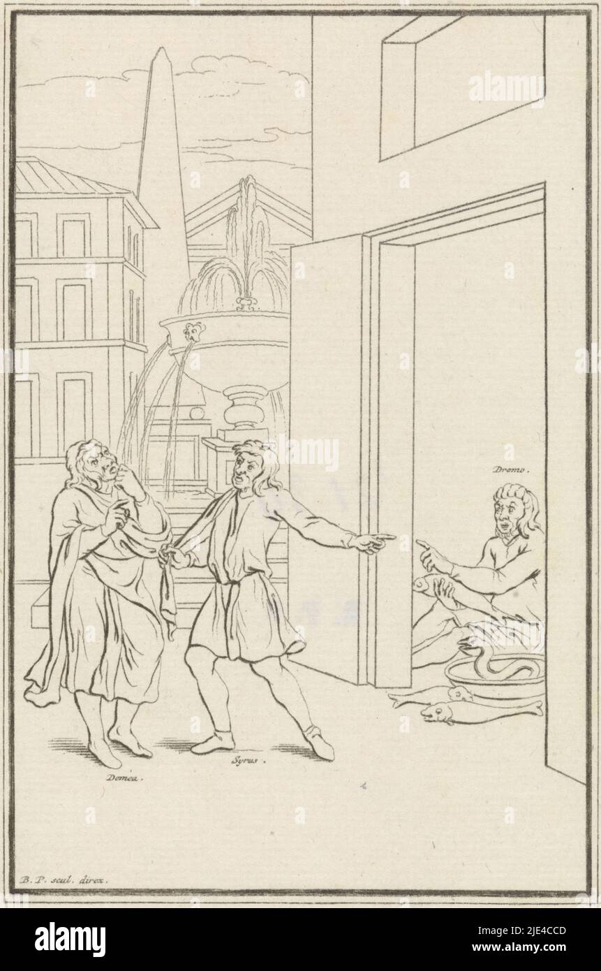 Szene aus der Komödie Adelphoe von Terentius, Bernard Picart (Workshop of), 1716 - 1718, Demea im Gespräch mit Syrus. Dromo putzt Fische im Haus. Unter den Figuren ist der Name ihres Charakters. Oben markiert: Adel. Ac III SC. IV., Druckerei: Bernard Picart, (Werkstatt von), Bernard Picart, (erwähnt auf Objekt), Amsterdam, 1716 - 1718, Papier, Radierung, Gravur, H 140 mm × B 97 mm Stockfoto