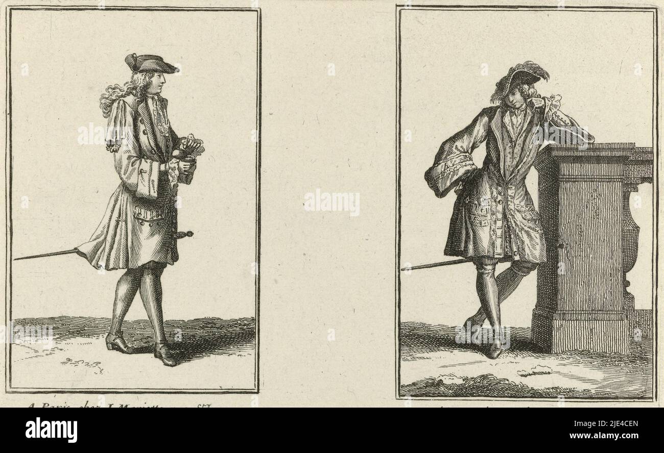 Zwei Männer, die nach der französischen Mode von ca. 1696, Jean Mariette, 1690 - 1700, links: Mann mit ornamentalem Tupfer links. Rechts: Mann, der sich gegen die Balustrade lehnt, Herausgeber: Jean Mariette, Druckerei: Anonym, Paris, 1690 - 1700, Papier, Ätzen Stockfoto