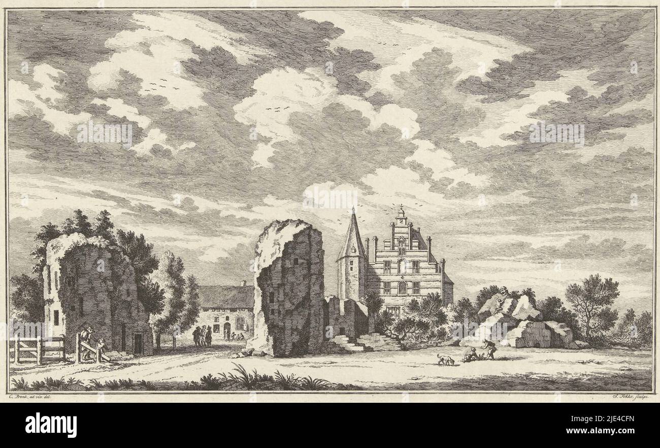 Blick auf das Dorf Wouw bei Bergen op Zoom, Simon Fokke, nach Cornelis Pronk, 1774 - 1784, das Dorf Wouw bei Bergen op Zoom. Auf der linken Seite verläuft eine Straße zwischen den Resten eines Gebäudes. Im Hintergrund ein Haus und ein Gebäude mit einem Turm., Druckerei: Simon Fokke, (auf Objekt erwähnt), Cornelis Pronk, (auf Objekt erwähnt), Verlag: Arend Fokke Simonsz., (auf Objekt erwähnt), Amsterdam, 1774 - 1784, Papier, Ätzung, H 180 mm × B 271 mm Stockfoto