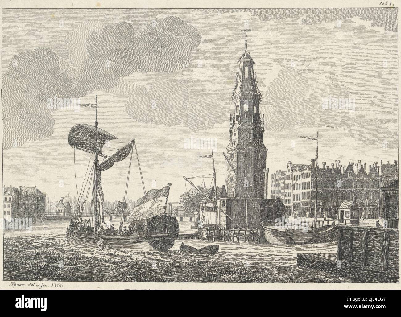 Haringpakkerstoren, Amsterdam, Jan Spaan, 1766, Blick auf den Haringpakkerstoren in Amsterdam. Davor segelt ein Schiff, auf dem eine große niederländische Flagge überschwänglich fliegt. Nummeriert „Nein I'., Druckerei: Jan Spaan, (auf Objekt erwähnt), Zeichner: Jan Spaan, (auf Objekt erwähnt), 1766, Papier, Radierung, H 166 mm × B 225 mm Stockfoto