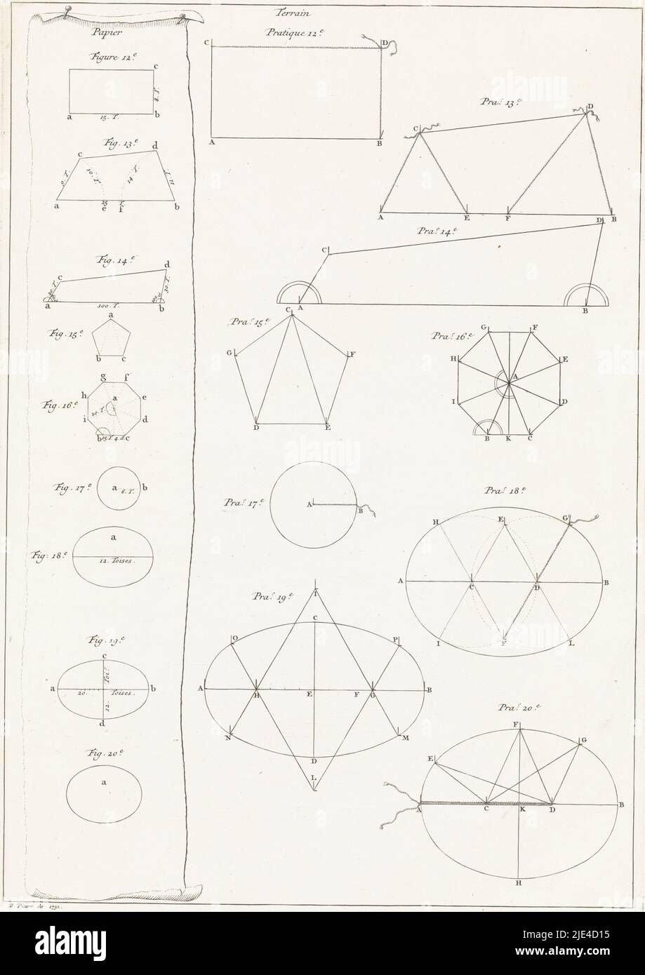 Geometrische Figuren, Bernard Picart (Werkstatt von), 1732, links ein Papier mit geometrischen Figuren. Andere geometrische Figuren auf der linken Seite., Druckerei: Bernard Picart, (Werkstatt von), Bernard Picart, (erwähnt auf Objekt), Amsterdam, 1732, Papier, Radierung, H 338 mm × B 237 mm Stockfoto