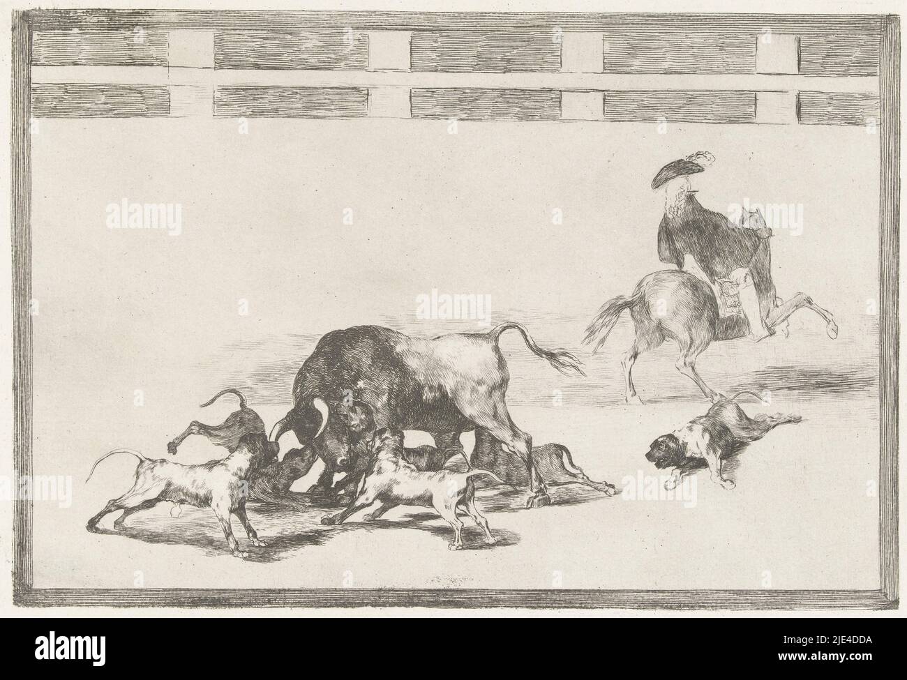 Bulle von Hunden angegriffen, Francisco de Goya, 1811 - 1816, fünf Hunde greifen einen Bullen in einer Arena an. Ein Hund liegt verwundet auf dem Boden. Rechts ein Mann zu Pferd, von hinten gesehen., Druckerei: Francisco de Goya, Francisco de Goya, Spanien, 1811 - 1816, Papier, Ätzen, Trockenpunkt, H 245 mm × B 355 mm Stockfoto