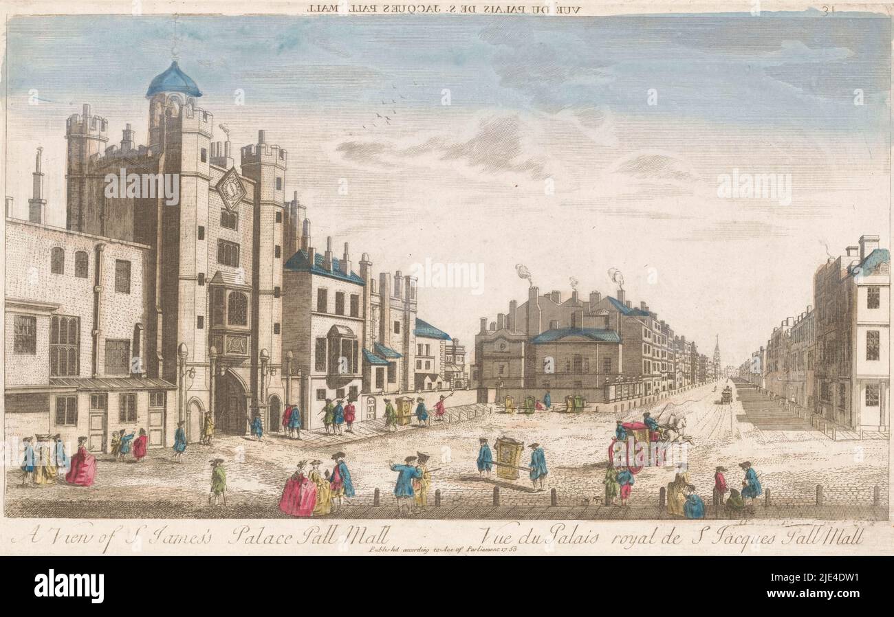 Ansicht des Saint James's Palace in London, anonym, nach Thomas Bowles (II), 1753, Verlag: Anonym, Druckerei: Anonym, Thomas Bowles (II), 1753, Papier, Radierung, Pinsel, H 241 mm × B 392 mm Stockfoto