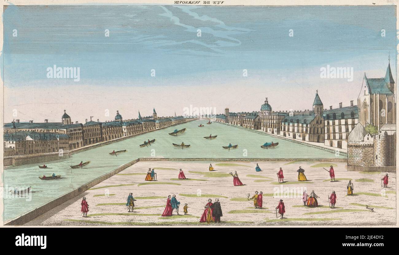 Blick auf die Stadt Warschau an der Weichsel, Louis-Joseph Mondhare, 1759 - c.. 1796, nummeriert: 77., Verlag: Louis-Joseph Mondhare, (auf Objekt erwähnt), Druckerei: Anonym, Verlag: Paris, Druckerei: Frankreich, 1759 - c.. 1796, Papier, Radierung, Pinsel, H 255 mm × B 423 mm Stockfoto