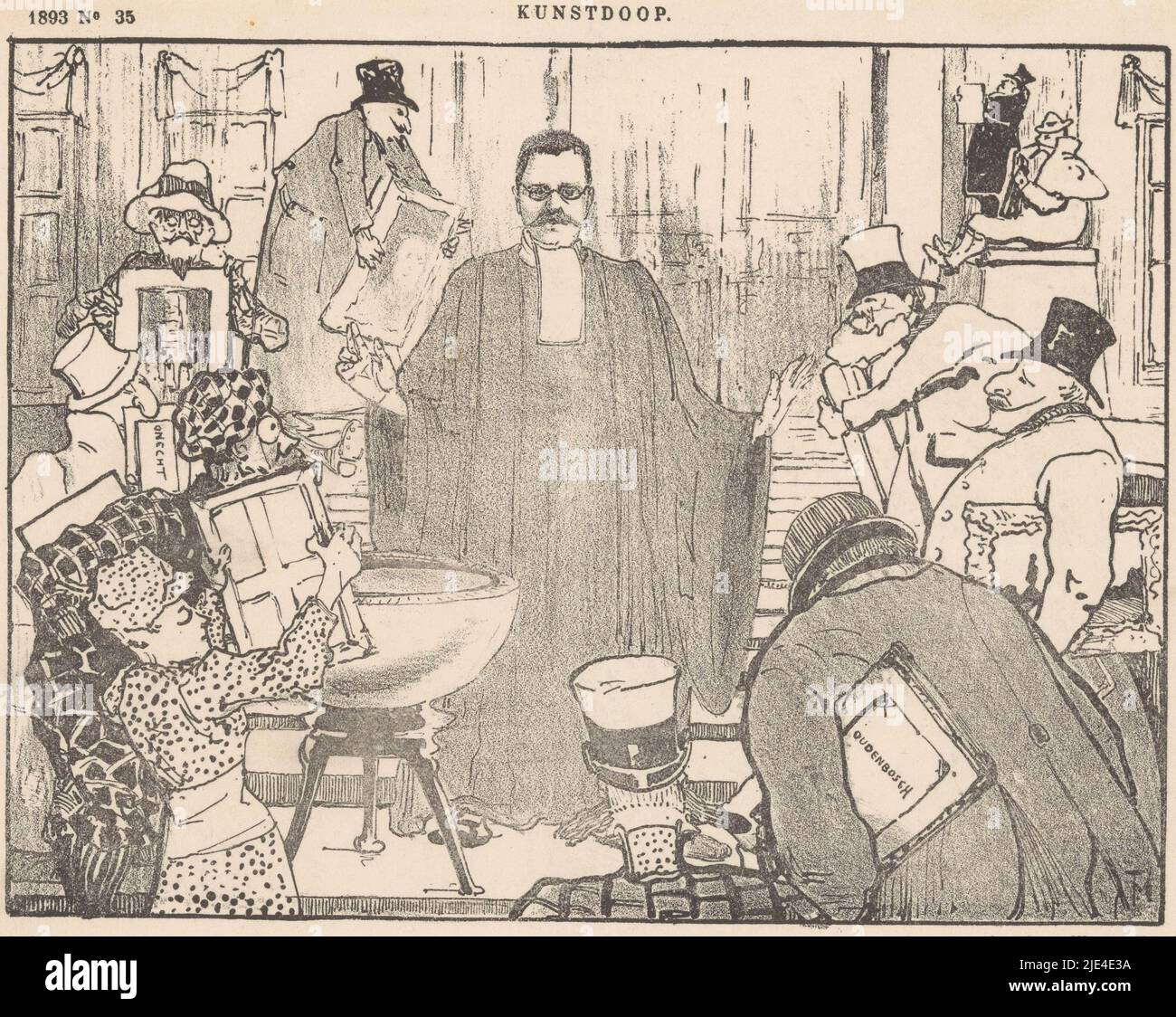 Karikatur über den Kunsthistoriker Abraham Bredius, Theo van Hoytema, vor 1893, bringen Menschen einem Mann in Togo neben einem Taufbecken Bilder., Druckerei: Theo van Hoytema, (auf Objekt erwähnt), Drucker: J. Krauss, Verlag: Martinus Nijhoff, Den Haag, In oder vor 1893, Papier, Buchdruck, H 194 mm × B 244 mm Stockfoto
