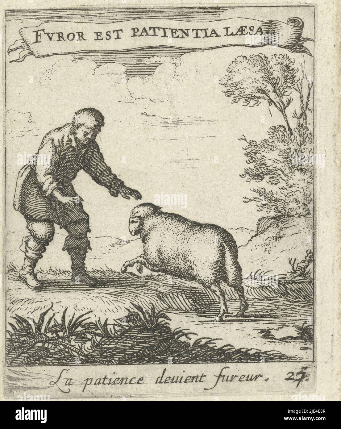 Landschaft mit Mann und Schaf, Albert Flammen, 1672, Ein Schaf läuft auf und Mann zu. Auf einer Banderole ein lateinisches Motto und eine französische Bildunterschrift, beide über die Liebe., Druckerei: Albert Flamen, Verlag: Etienne Loyson, Lodewijk XIV (koning van Frankrijk), Druckerei: Paris, Verlag: Paris, Frankreich, 1672, Papier, Radierung, H 85 mm × B 68 mm Stockfoto