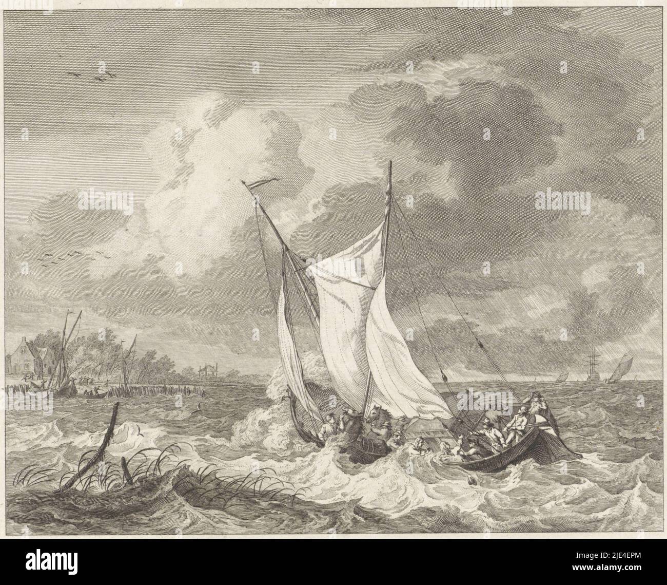 Tod von Prinz Johan Willem Friso, 1711, Reinier Vinkeles (I), nach Hendrik Kobell, 1776, Johan Willem Friso, Prinz von Oranien-Nassau, ertrinkt bei der Überquerung des Moerdijk, als das Boot bei starkem Wetter am 14. Juli 1711 in Schwierigkeiten Gerät., Druckerei: Reinier Vinkeles (I), Zeichner: Hendrik Kobell, Amsterdam, 1776, Papier, Radierung, Gravur, H 227 mm × B 278 mm Stockfoto