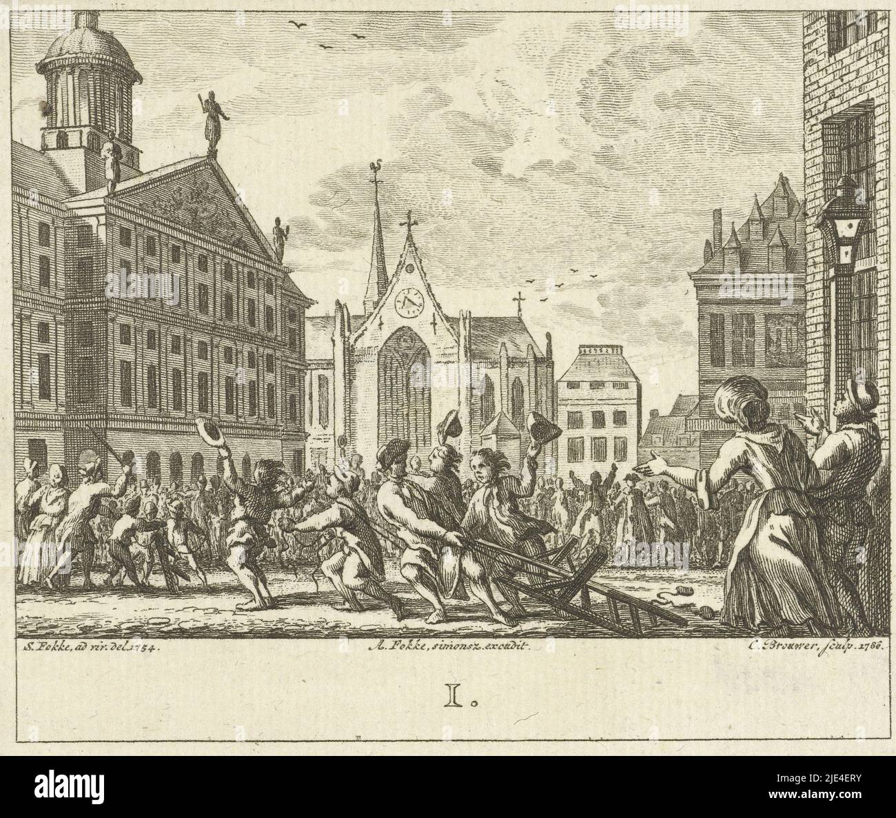 Aufstand bei der Beerdigung von Daniël Raap auf dem Dam-Platz in Amsterdam 1754, Cornelis Brouwer, nach Simon Fokke, 1786, Revolte bei der Beerdigung von Daniël Raap auf dem Dam-Platz in Amsterdam im Jahr 1754. Gegner der Doelisten zerstören die Bahre., Druckerei: Cornelis Brouwer, (auf Objekt erwähnt), Zeichner: Simon Fokke, (auf Objekt erwähnt), Verlag: Arend Fokke Simonsz., (auf Objekt erwähnt), Niederlande, 1786, Papier, Ätzung, H 96 mm × B 113 mm Stockfoto