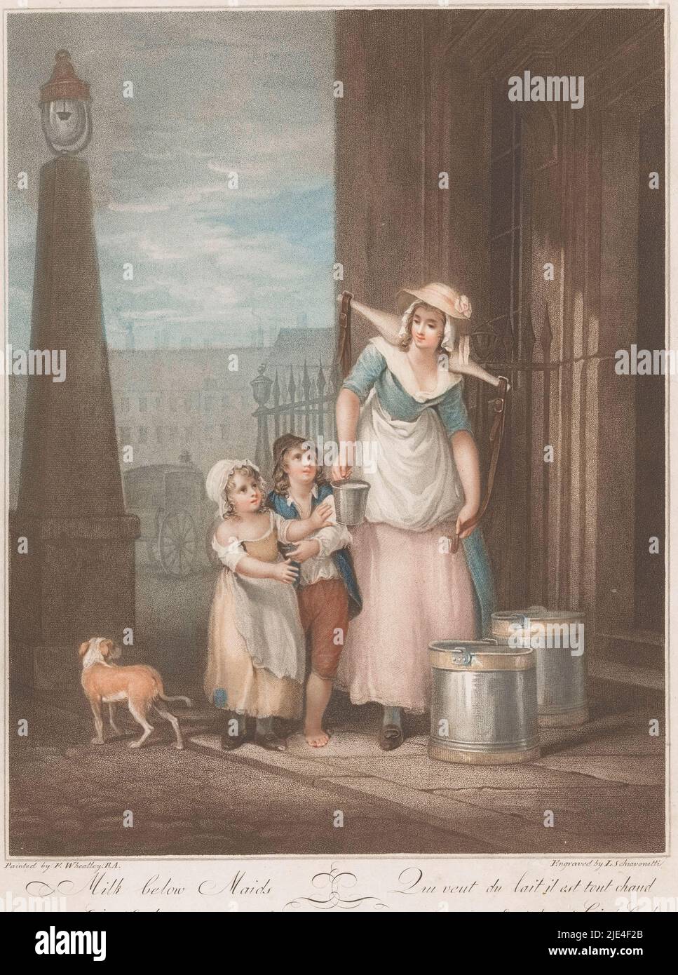 Milkmaid, Luigi Schiavonetti, nach Francis Wheatley, 1793, Eine junge Frau mit einem Joch auf ihren Schultern, die in der Gesellschaft von zwei kleinen Kindern auf der Straße steht. Neben ihren zwei großen Milcheimern und in ihrer rechten Hand einen kleineren Eimer. Links ein Hund und eine Straßenlaterne. Titel im unteren Rand., Druckerei: Luigi Schiavonetti, (auf Objekt erwähnt), nach: Francis Wheatley, (auf Objekt erwähnt), Verlag: Colnaghi & Co, (auf Objekt erwähnt), London, 1793, Papier, Gravur, H 417 mm × B 325 mm Stockfoto