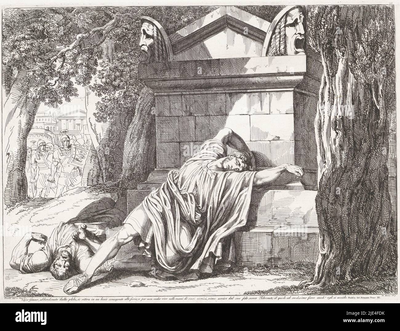 Der Tod von Gaius Gracchus, Bartolomeo Pinelli, 1817, Gaius Gracchus und sein Diener Philocrates liegen tot vor einem Denkmal in einem Wald. Auf Wunsch von Gracchus tötete Philocrates ihn und beging dann Selbstmord. Im Hintergrund die herannahende Armee des Feindes., Druckerei: Bartolomeo Pinelli, (erwähnt auf Objekt), Bartolomeo Pinelli, (erwähnt auf Objekt), Rom, 1817, Papier, Radierung, H 315 mm × B 427 mm Stockfoto