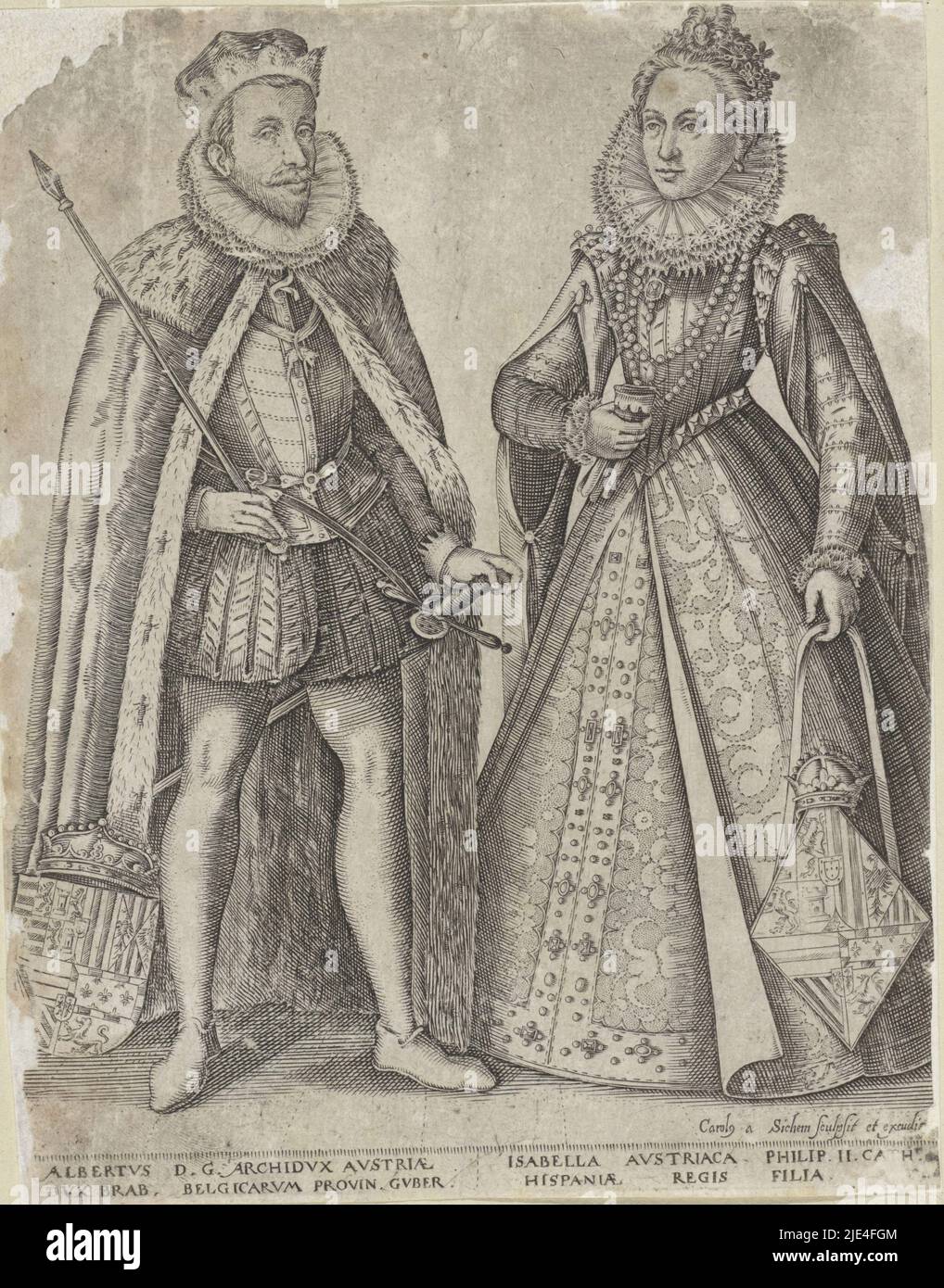 Doppelporträt von Albrecht, Erzherzog von Österreich und Isabella von Spanien, Karel van Sichem, nach Christoffel van Sichem (I), in oder vor 1614, Doppelporträt von Albrecht, Erzherzog von Österreich und Isabella von Spanien, Gouverneure der Südniederländer. Sein Wappen steht auf dem Boden neben ihm, sie trägt ihr auf einem Band in der Hand. Unter den Porträts ihre beiden Namen und Titel., Druckerei: Karel van Sichem, (erwähnt auf Objekt), Christoffel van Sichem (I), (Kopie nach), Verleger: Karel van Sichem, (erwähnt auf Objekt), Amsterdam, (möglicherweise), in oder vor 1614, Papier, Stich Stockfoto