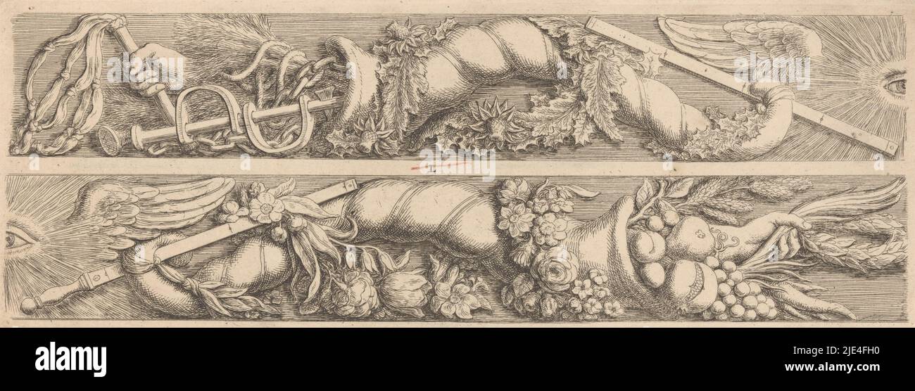 Frieze über dem Eingang zum Zimmer des Ratsherrn mit Allsehenden Auge und Belohnung und Strafe, Hubert Quellinus, 1663, Frieze mit einem Horn mit Strafwerkzeugen oben und einem Plenty-Horn unten. Oben rechts und unten links das All-Seeing Eye. Mitte L nummeriert., Druckerei: Hubert Quellinus, (auf Objekt erwähnt), Hubert Quellinus, (auf Objekt erwähnt), Verlag: Artus Quellinus (I), (auf Objekt erwähnt), Amsterdam, 1663, Papier, Ätzung, H 130 mm × B 364 mm Stockfoto