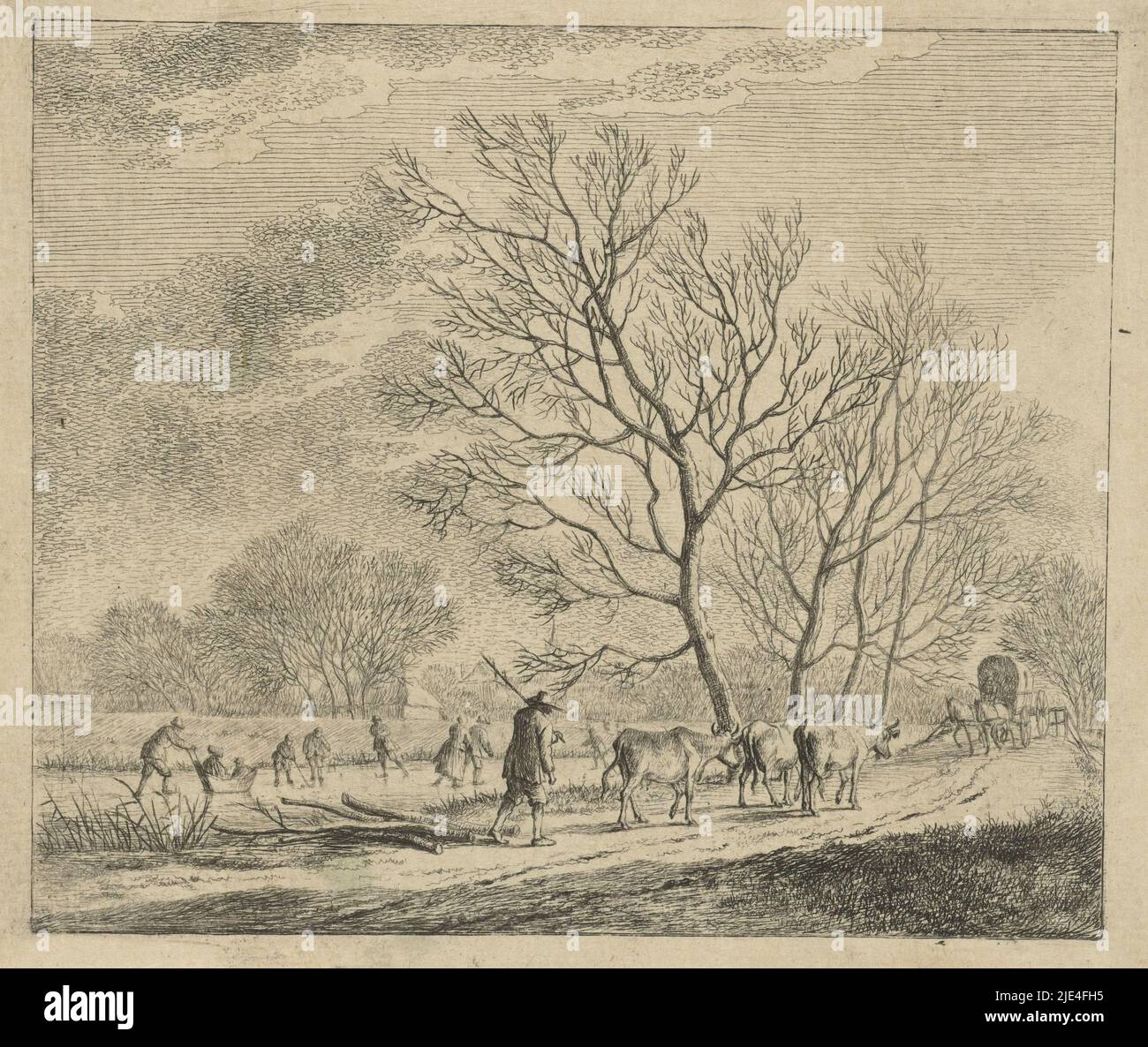 Winterlandschaft mit Kühen und Skater, Johannes Janson, 1783, Winterlandschaft mit Hirte mit drei Kühen auf einem Weg, von hinten gesehen. Ein Planwagen nähert sich ihnen. Links, Skater auf einem gefrorenen Fluss. Mehr bearbeitet im Vergleich zum vorherigen Status. Dreizehnter Druck in einer Serie von dreizehn mit Monaten., Druckerei: Johannes Janson, Johannes Janson, Leiden, 1783, Papier, Ätzung, H 143 mm × B 169 mm Stockfoto
