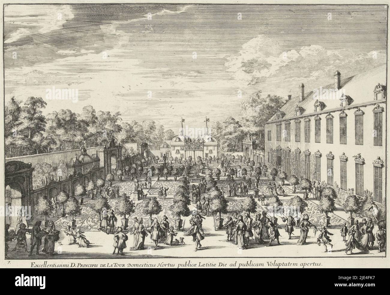 Besucher des Palastgartens in Brüssel, 1686, Romeyn de Hooghe, 1686 - 1687, Besucher des Palastgartens in Brüssel. Im Vordergrund laufen Diener mit Essensschüsseln., Druckerei: Romeyn de Hooghe, Romeyn de Hooghe, Haarlem, 1686 - 1687, Papier, Ätzung, H 415 mm × B 558 mm Stockfoto