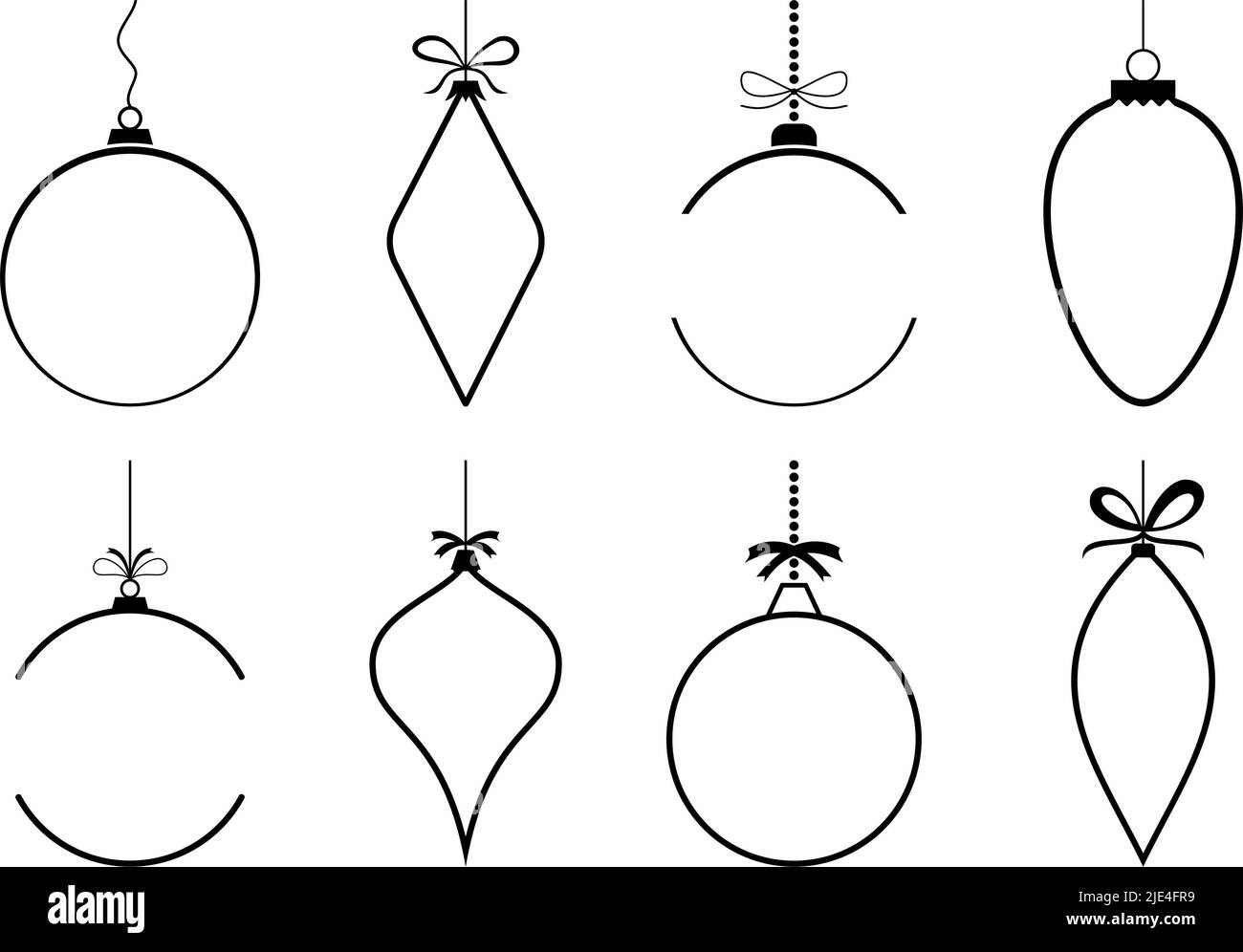 Weihnachtskugel. Set aus acht leeren Kugeln in Schwarz. Weißer Hintergrund. Blanke Weihnachtskugel Orna mit Aufhänger für eigene Text- und Designanforderungen. Stock Vektor