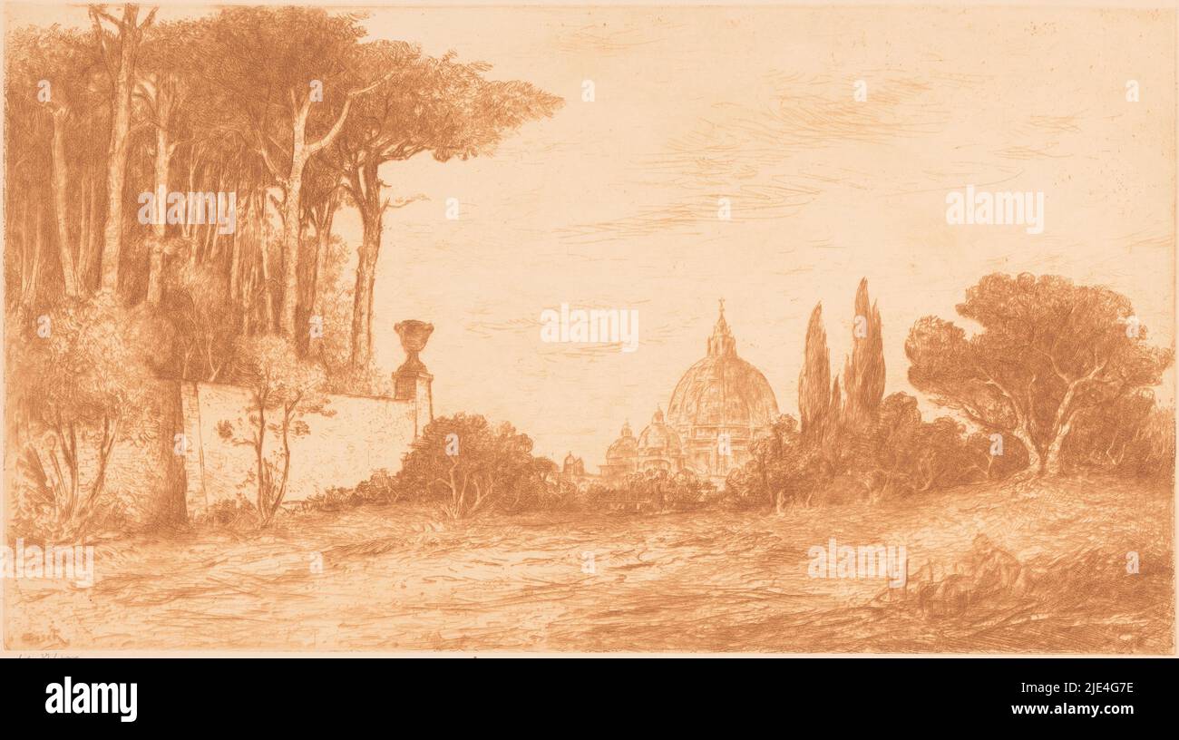 Landschaft, Rom, Etienne Bosch, 1873 - 1931, Blick auf die Kuppeln des Petersdoms von einem teilweise baumbestandenen Hügel. Eine knieende Figur im Vordergrund rechts., Druckerei: Etienne Bosch, (signiert vom Künstler), 1873 - 1931, Papier, Radierung, H 274 mm × B 496 mm Stockfoto