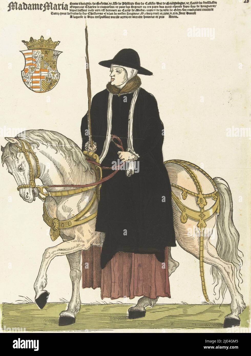 Porträt der Maria von Ungarn zu Pferd, Cornelis Anthonisz. (Manner of), 1538 - 1553, Maria von Ungarn (1505-1558), jüngere Schwester von Karl V., Königin Dowager von Ungarn, Regentin der Niederlande von 1531 bis 1555. Ihr Ehemann Ludwig II. Von Ungarn starb 1526 in der Schlacht von Mohacz gegen die Türken. Seit diesem Jahr ist der Regent in schwarz gekleidet mit der weißen Witwenmütze. Sie wird so immer wieder in Büstelporträts dargestellt. Hier ist sie als amazonas in Reisekleidung auf einem Pferd rechts dargestellt. Oben links ihr Wappen., Druckerei: Cornelis Anthonisz., (Manner of), Druck Stockfoto