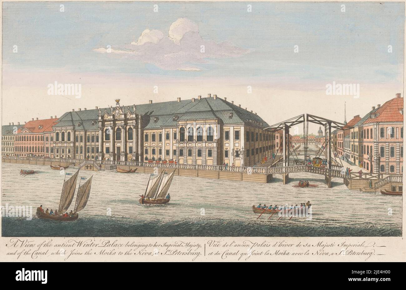 Blick auf den Winterpalast und den Kanal zwischen den Flüssen Moyka und Neva in Sankt Petersburg, Robert Sayer (möglicherweise), 1745 - 1794, Verlag: Robert Sayer, (möglicherweise), Druckerei: Anonym, Verlag: London, Druckerei: England, 1745 - 1794, Papier, Ätzen, Pinsel, H 262 mm × B 402 mm Stockfoto