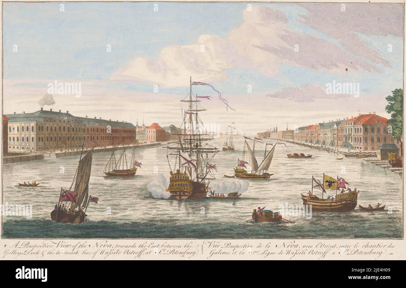 Blick auf die Neva in St. Petersburg von der Westseite aus gesehen, Robert Sayer (möglicherweise), 1745 - 1794, auf dem Wasser sind Schiffe und Boote., Verlag: Robert Sayer, (möglicherweise), Druckerei: Anonym, Verlag: London, Druckerei: England, 1745 - 1794, Papier, Radierung, Pinsel, H 260 mm × B 401 mm Stockfoto