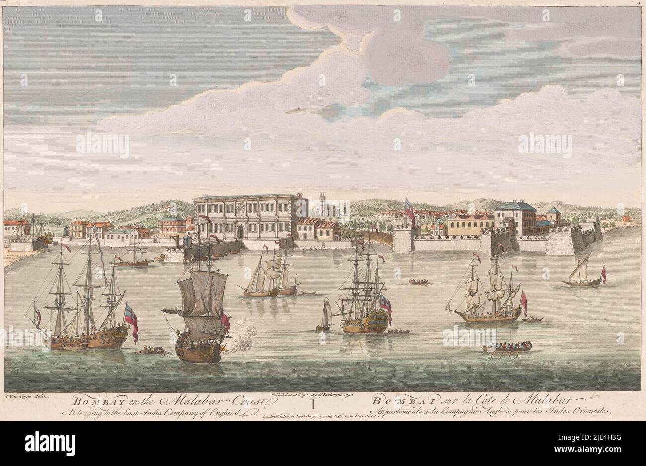 Blick auf die Stadt Bombay, Robert Sayer, nach I. van Ryne, 1754, im Vordergrund das Meer. Rechts oben nummeriert: 4., Verlag: Robert Sayer, (auf Objekt erwähnt), Druckerei: Anonym, vermittelter Zeichner: I. van Ryne, (auf Objekt erwähnt), Verlag: London, Druckerei: England, 1754, Papier, Ätzen, Pinsel, H 261 mm × B 404 mm Stockfoto