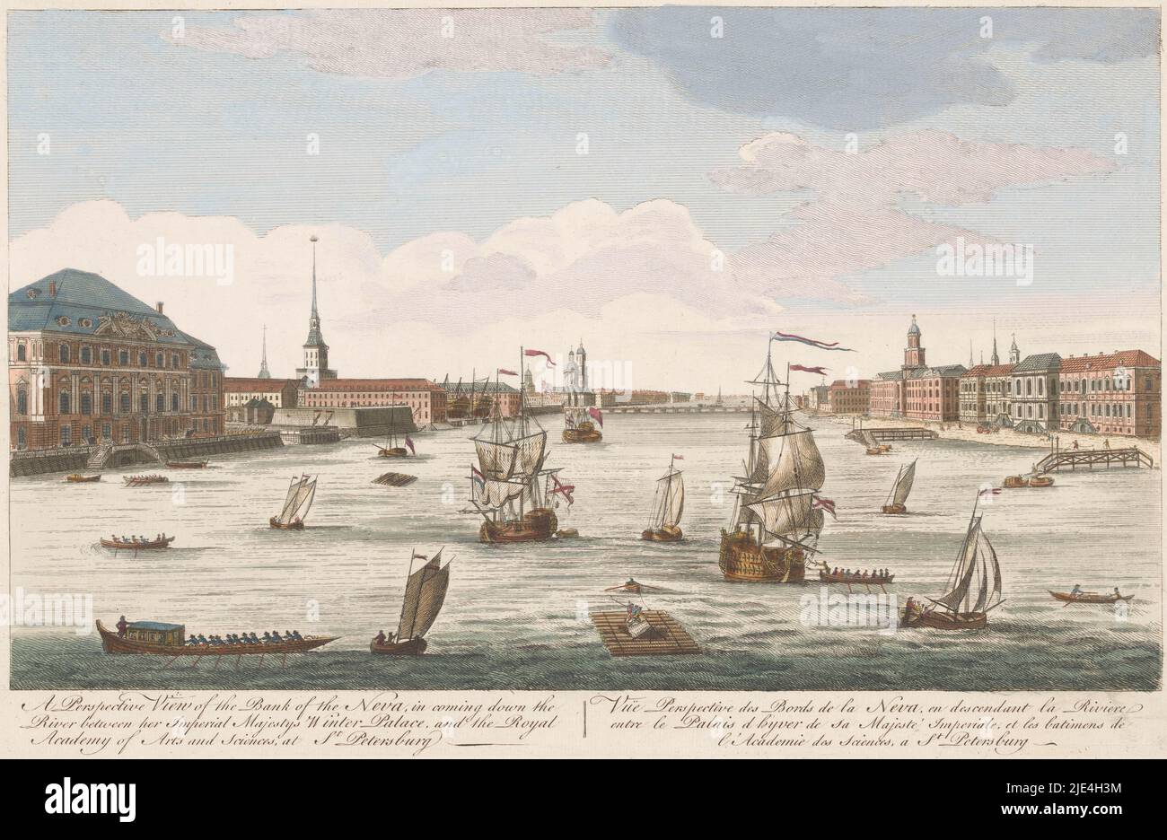 Blick auf die Neva in St. Petersburg, mit der Strömung gesehen, Robert Sayer (möglicherweise), 1745 - 1794, auf dem Wasser sind Schiffe und Boote., Verlag: Robert Sayer, (möglicherweise), Druckerei: Anonym, Verlag: London, Druckerei: England, 1745 - 1794, Papier, Radierung, Pinsel, H 261 mm × B 404 mm Stockfoto