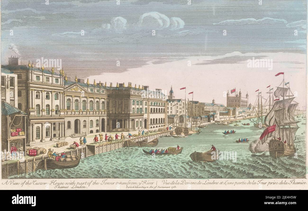 Ansicht des Custom House an der Themse in London, anonym, nach Thomas Bowles (II), nach Jacob Maurer, 1753, im Hintergrund The Tower of London., Herausgeber: Anonym, Druckerei: Anonym, Thomas Bowles (II), 1753, Papier, Ätzen, Pinsel, H 245 mm × B 392 mm Stockfoto