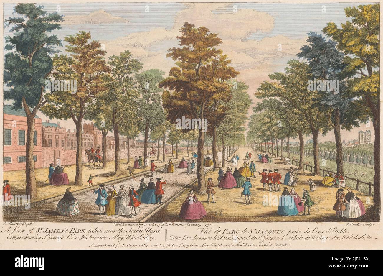 Blick auf die Alleen im Saint James's Park, London, Robert Sayer, nach Jacob Maurer, 1751, Auf der linken Seite Saint James's Palace. Im Hintergrund rechts Westminster Abbey., Verlag: Robert Sayer, (auf Objekt erwähnt), Verlag: Henry Overton (II), (auf Objekt erwähnt), Druckerei: James Smith, (auf Objekt erwähnt), Verlag: London, Verlag: London, Druckerei: England, 1751, Papier, Radierung, Pinsel, H 262 mm × B 405 mm Stockfoto