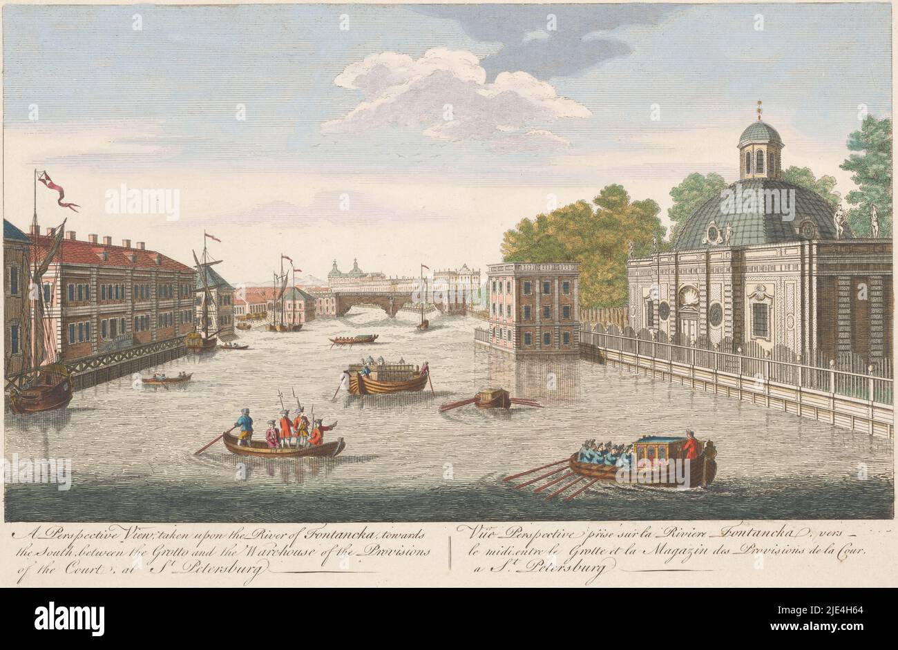 Ansicht der Fontanka in St. Petersburg von der Nordseite aus gesehen, Robert Sayer (möglicherweise), 1745 - 1794, Verlag: Robert Sayer, (möglicherweise), Druckerei: Anonym, Verlag: London, Druckerei: England, 1745 - 1794, Papier, Ätzen, Pinsel, H 262 mm × B 402 mm Stockfoto