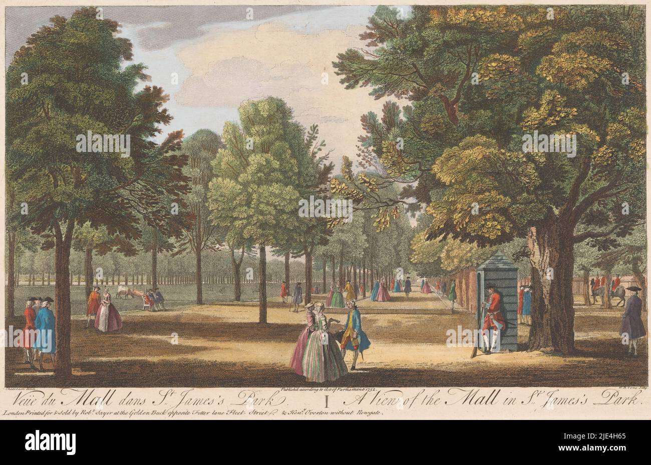 Blick auf die Mall im Saint James's Park, London, Robert Sayer, nach Chatelain, 1752, Verlag: Robert Sayer, (auf Objekt erwähnt), Verlag: Henry Overton (II), (auf Objekt erwähnt), Druckerei: William Henry Toms, (auf Objekt erwähnt), Verlag: London, Verlag: London, Druckerei: England, 1752, Papier, Radierung, Pinsel, H 262 mm × B 414 mm Stockfoto