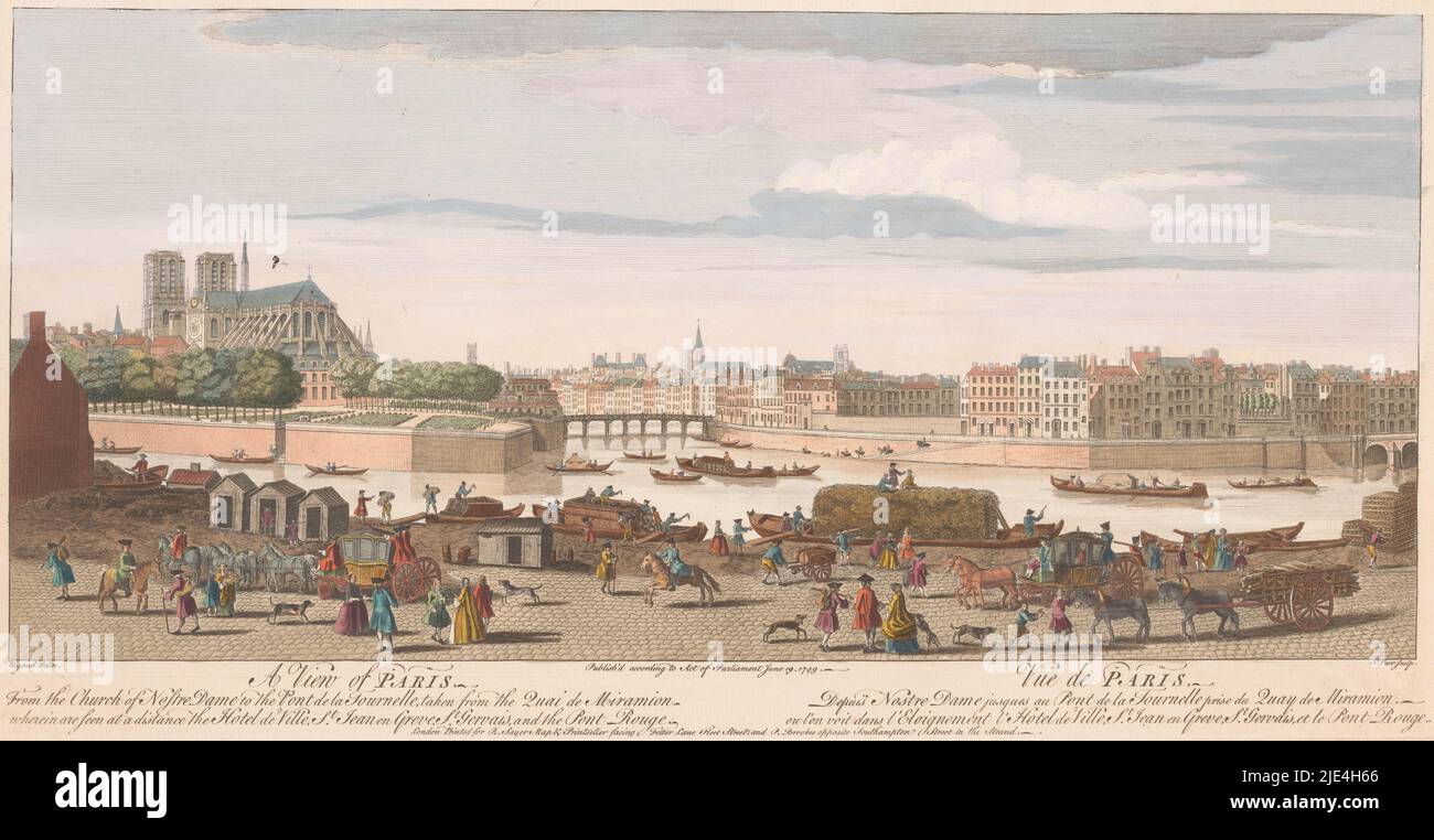 Blick auf die Stadt Paris vom Quai de Miramion aus gesehen, Robert Sayer, nach Jacques Rigaud, 1749, im Zentrum die Pont Rouge über die seine und links die Kathedrale Notre-Dame. Im Hintergrund das Rathaus, die Kirche Saint-Jean-en-Grève und die Kirche Saint-Gervais-Saint-Protais., Herausgeber: Robert Sayer, (auf Objekt erwähnt), Herausgeber: P. Brookes, (auf Objekt erwähnt), Druckerei: Nathaniel Parr, (erwähnt auf Objekt), London, 19-Jun-1749, Papier, Ätzen, Pinsel, H 250 mm × B 484 mm Stockfoto