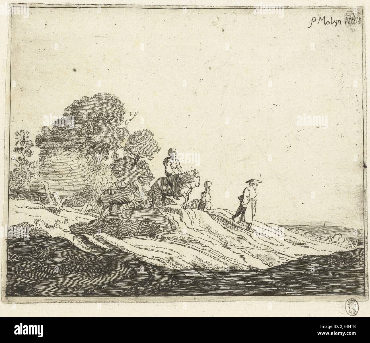 Landschaft mit Pferden, Cornelis van Kittensteyn (zugeschrieben), nach Pieter de Molijn, 1623 - 1652, Landschaft mit Landleuten, die Pferde tragen. Dieser Druck ist Teil einer Serie von vier Drucken von Landschaften mit Landleuten in führenden oder unterstützenden Rollen., Pieter de Molijn, (erwähnt auf Objekt), Druckerei: Cornelis van Kittensteyn, (zugeschrieben), Haarlem, 1623 - 1652, Papier, Ätzung, H 127 mm × B 158 mm Stockfoto