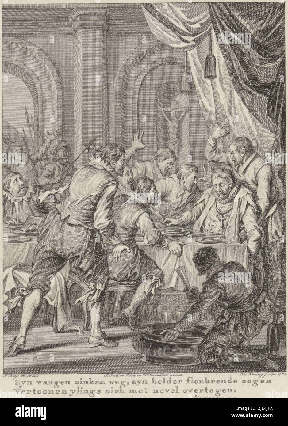 Tod von Requesens, 1576, Theodoor Koning, nach Jacobus Buys, 1782, Der spanische Armeekapitän und Gouverneur der Niederlande Requesens stirbt unerwartet an einem Tisch während eines Banketts in Brüssel am 5. März 1576. Um ihn herum machen erschrockene Männer wilde Gesten. Dieser Druck ist Teil einer Serie von 24 Drucken, die Szenen aus dem Leben von Prinz Wilhelm I., 1568-1584, darstellen und ist eine Illustration zum sechzehnten Lied., Druckerei: Theodoor Koning, (erwähnt auf Objekt), Jacobus Buys, (erwähnt auf Objekt), Verlag: Johannes Smit & Zoon, (erwähnt auf Objekt), Amsterdam, 1782, Papier, Gravur, H 273 mm × B Stockfoto