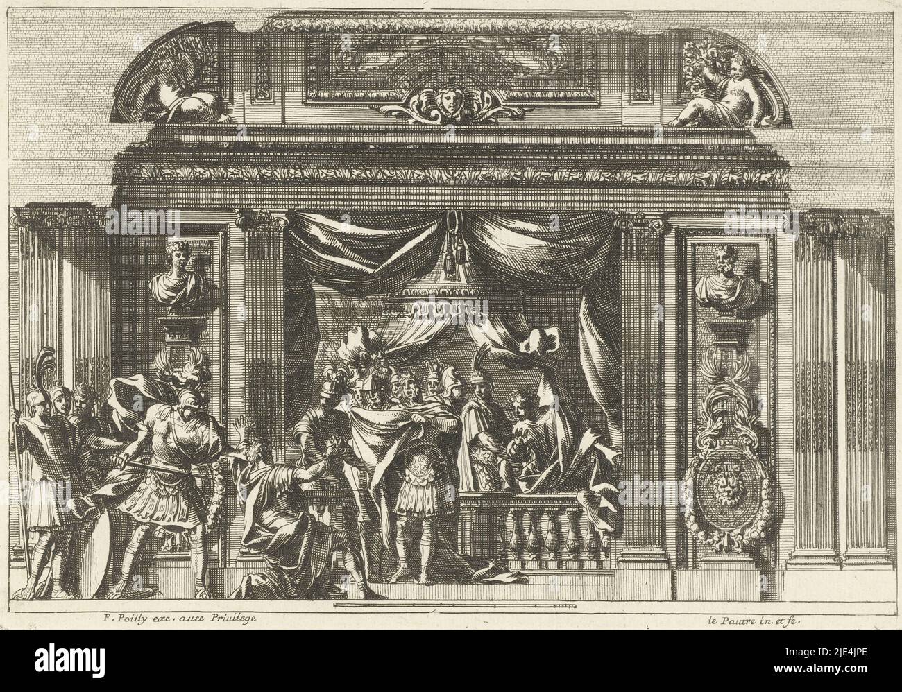 Alkoven, Jean Lepautre, c. 1665, im Vordergrund wird ein Soldat einen Mann, der vor einem König kniet, erstechen., Druckerei: Jean Lepautre, (auf Objekt erwähnt), Jean Lepautre, (auf Objekt erwähnt), Verlag: François de Poilly (I), (auf Objekt erwähnt), Druckerei: Frankreich, (möglicherweise), Frankreich, (Möglicherweise), Herausgeber: Paris, c. 1665, Papier, Radierung, H 162 mm × B 234 mm Stockfoto