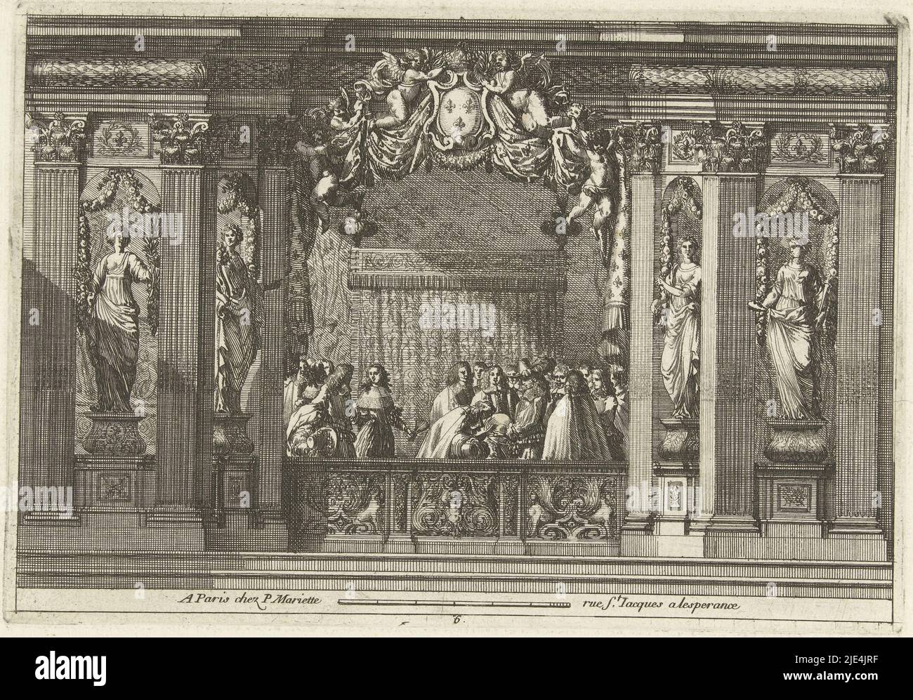 Alkoven, Jean Lepautre, c. 1656 - c. 1657, auf dem Gesims ist eine Kartusche mit gekröntem französischem Königswappen. Vor dem Himmelbett steht der König, umgeben von Höflingen. Zweiter Druck aus zweiter Auflage., Druckerei: Jean Lepautre, Jean Lepautre, Verlag: Pierre Mariette (II), (auf Objekt erwähnt), Druckerei: Frankreich, (möglicherweise), Frankreich, (Möglicherweise), Herausgeber: Paris, c. 1656 - c. 1657, Papier, Radierung, H 148 mm × B 214 mm Stockfoto