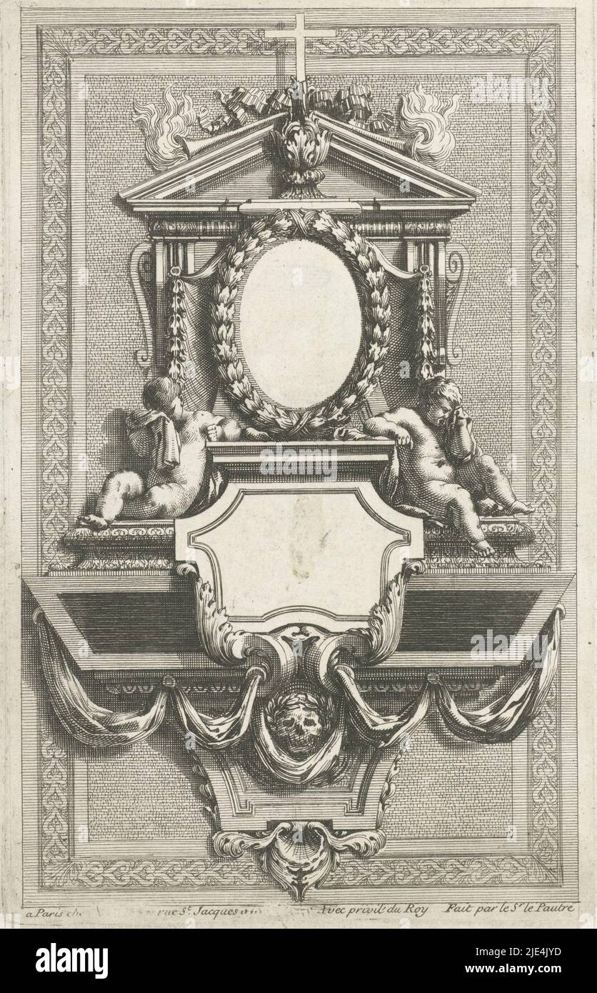 Epitaph, Jean Lepautre, 1640 - 1703, leere Tafel auf einem Sarg mit einem leeren ovalen Medaillon oben., Druckerei: Jean Lepautre, (auf Objekt erwähnt), Jean Lepautre, Verlag: Nicolas Langlois (I), (auf Objekt erwähnt), Druckerei: Frankreich, (möglicherweise), Frankreich, (Möglicherweise), Verlag: Paris, 1640 - 1703, Papier, Radierung, H 247 mm × B 157 mm Stockfoto