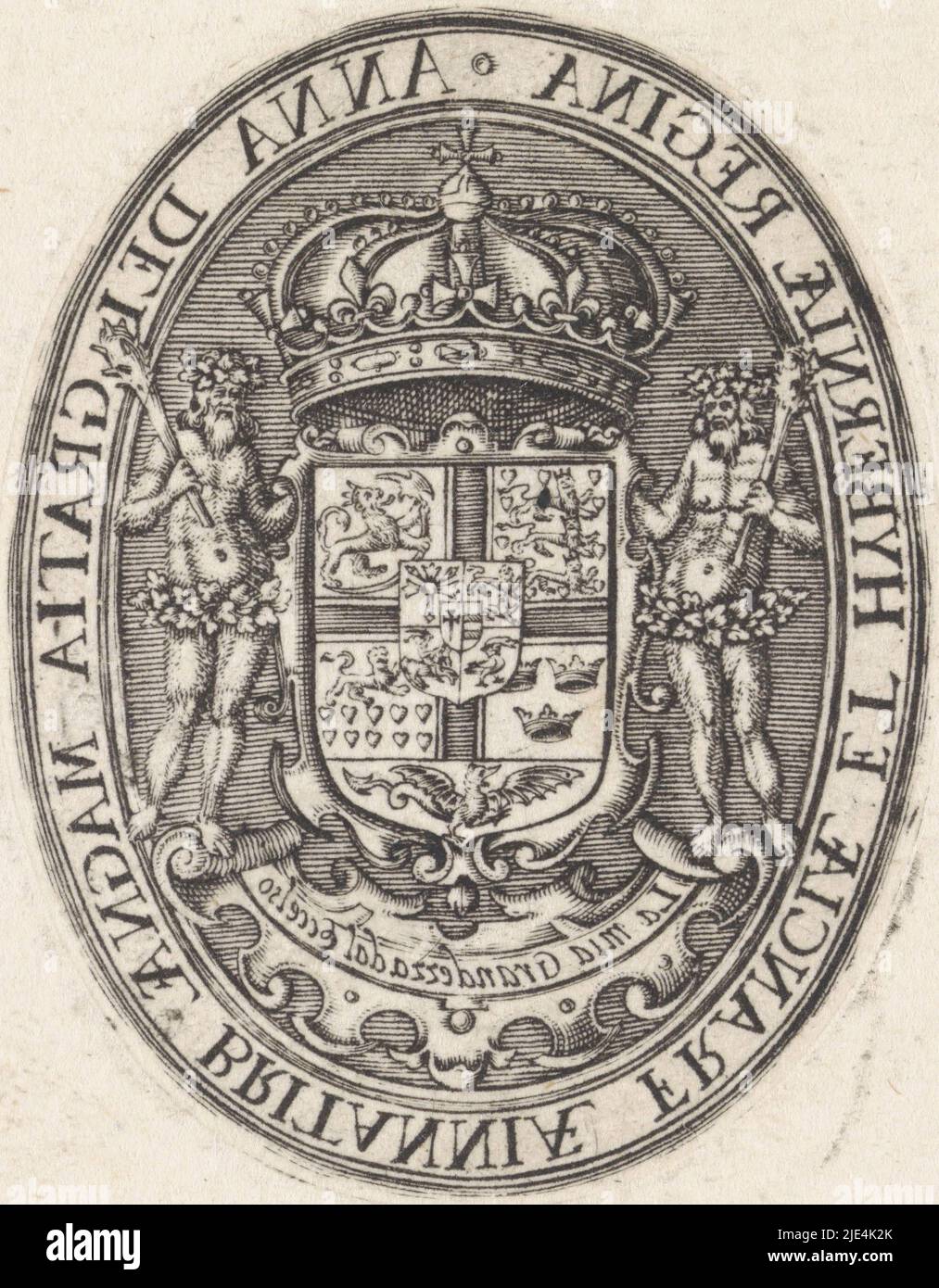 Wappen von Anna von Dänemark, Simon van de Passe, 1800 - 1899, Medaillon mit dem Wappen von Anna von Dänemark, Königin von England. Im Rahmen des Rahmens der Name und die Funktion der Person dargestellt in Latein, in Spiegelbild. Auf der Vorderseite der Medaille das Porträt der Anna von Dänemark., Druckerei: Simon van de Passe, London, 1605 - 1647 und/oder 1800 - 1899, Papier, Gravur, H 54 mm - B 42 mm Stockfoto