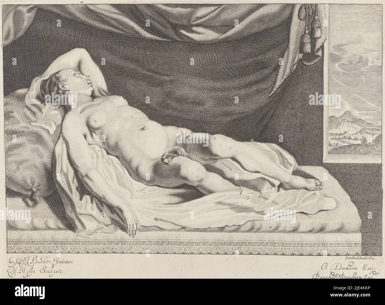 Schlafende Venus, Michiel Mosijn, nach Jacob Adriaensz. Backer, 1640 - 1655, die schlafende Venus auf einem Bett. Rechts ein Fenster mit einer Landschaft im Aufsehen. Unten rechts nummeriert: N. 39., Druckerei: Michiel Mosijn, (auf Objekt erwähnt), Jacob Adriaensz. Backer, (auf Objekt erwähnt), Verlag: Pieter Schenk (II), (auf Objekt erwähnt), Amsterdam, 1640 - 1655, Papier, Gravur, H 240 mm × B 330 mm Stockfoto