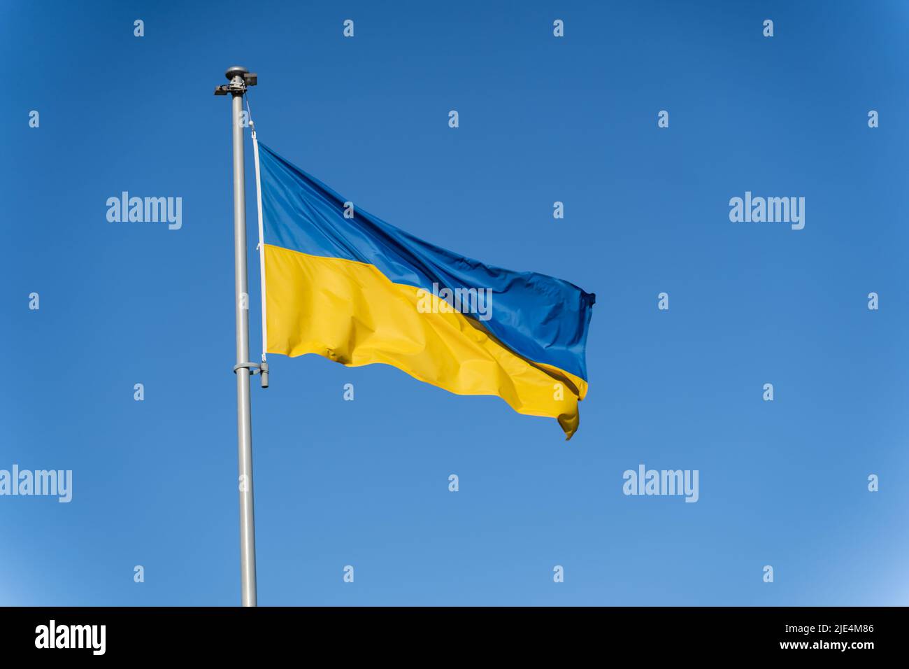 Die blau-gelbe ukrainische Flagge fliegt vor dem Hintergrund des klaren blauen Himmels. Stockfoto