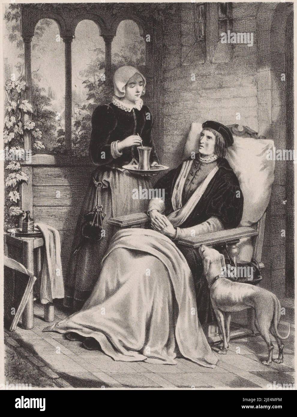 Der kranke Mann wird von einer Frau, David van der Kellen (1827-1895), 1863, Druckerei: David van der Kellen (1827-1895), (erwähnt auf Objekt), David van der Kellen (1827-1895), (erwähnt auf Objekt), Drucker: Emrik & Binger, (erwähnt auf Objekt), Haarlem, 1863, Papier, H 329 mm × B 248 mm Stockfoto