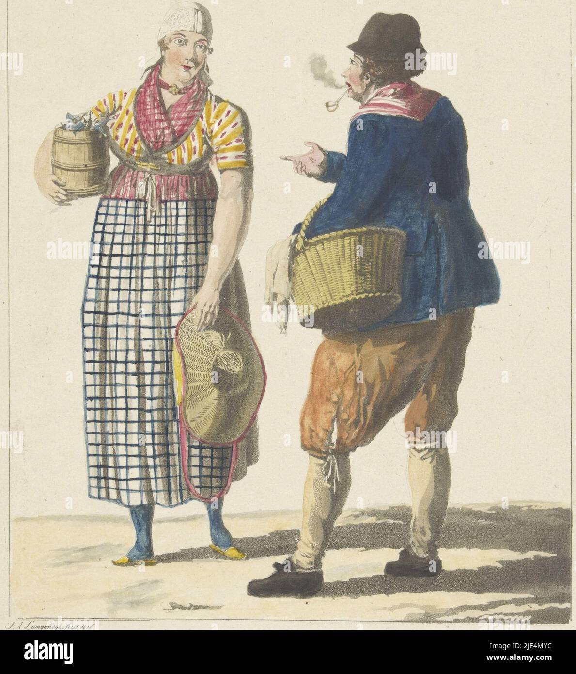 Ein Fischhändler und eine Fischfrau unterhalten sich. Die Frau auf der linken Seite trägt ein Fass mit Fisch und einen Strohhut. Der Pfeifenraucher rechts hat einen Korb am Arm, Vlaardingse visserstypen Vlaardinsche Haring Visscher und Boerin., Druckerei: Jan Anthonie Langendijk DZN, (auf Objekt erwähnt), 1816, Papier, H 222 mm × B 135 mm Stockfoto