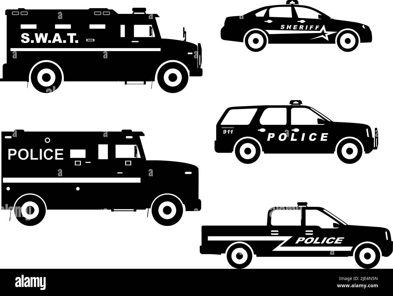 Silhouette Illustration von Polizei und Sheriff Autos isoliert auf weißem Hintergrund. Stock Vektor