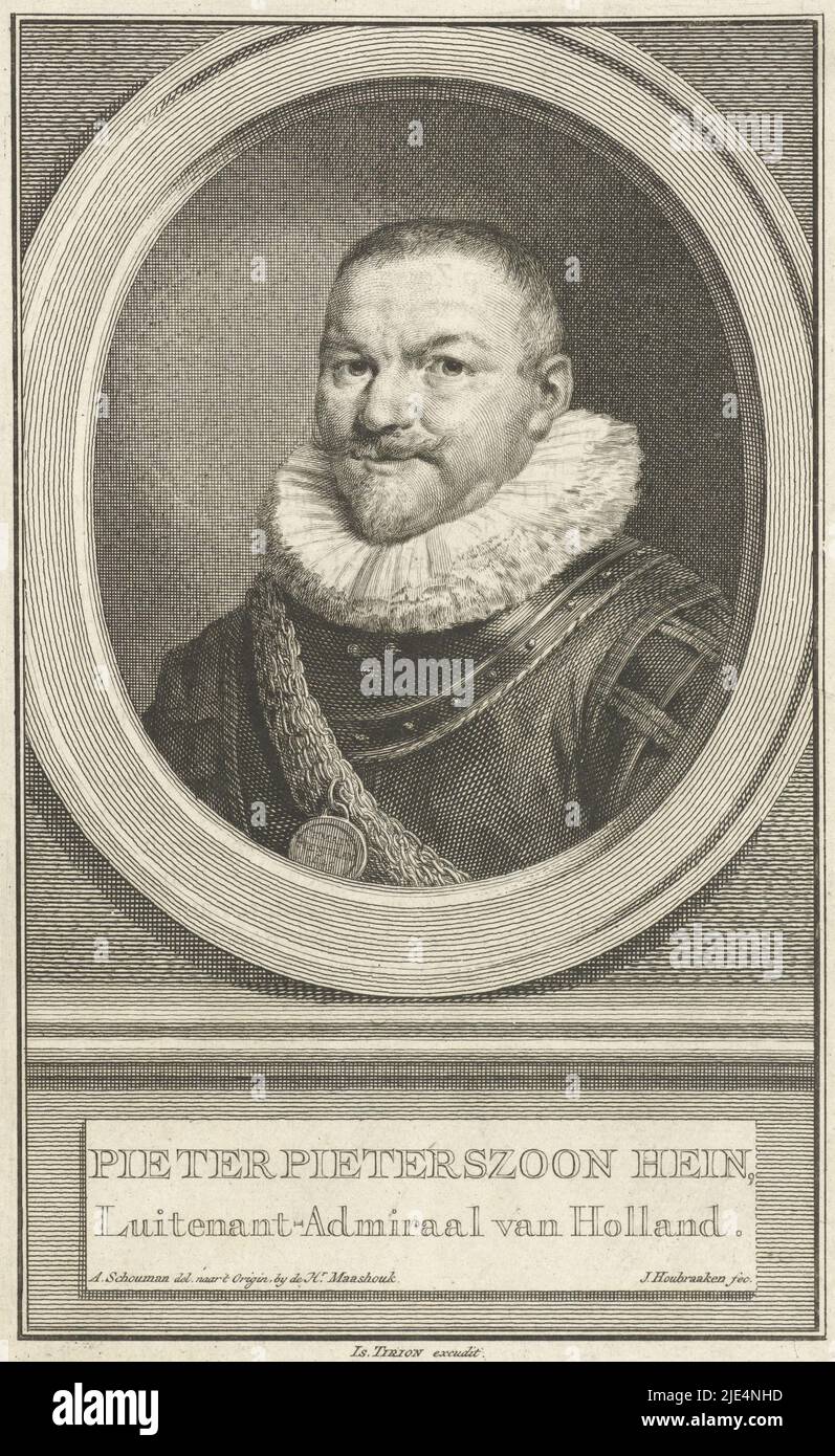 Büste links von Pieter Pietersz. Heyn in einem Oval. Das Porträt ruht auf einem Sockel mit seinem Namen und Titel in zwei Zeilen auf Niederländisch, Portrait of Pieter Pietersz. Heyn Pieter Pieterszoon Hein., Druckerei: Jacob Houbraken, (auf Objekt erwähnt), Zeichner: Aert Schouman, (auf Objekt erwähnt), Verlag: Isaak Tirion, (auf Objekt erwähnt), Amsterdam, 1749 - 1759, Papier, Gravur, Radierung, H 183 mm × B 115 mm Stockfoto