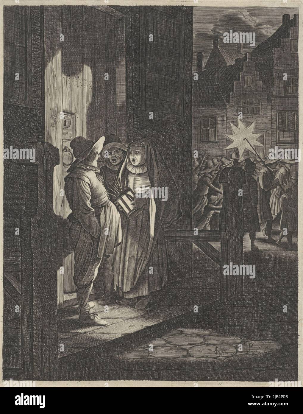 Drei Figuren mit einer Laterne an einer Tür, nachts. Dahinter eine Dorfstraße mit einer Prozession von Menschen, von denen einer mit einem dreifarbigen Stern über der Schulter., Epiphanie, Druckerei: Jan van de Velde (II), (auf Objekt erwähnt), Pieter de Molijn, (auf Objekt erwähnt), Verleger: Claes Jansz. Visscher (II), (auf Objekt erwähnt), Amsterdam, 1603 - 1652, Papier, Gravur, H 210 mm × B 167 mm Stockfoto