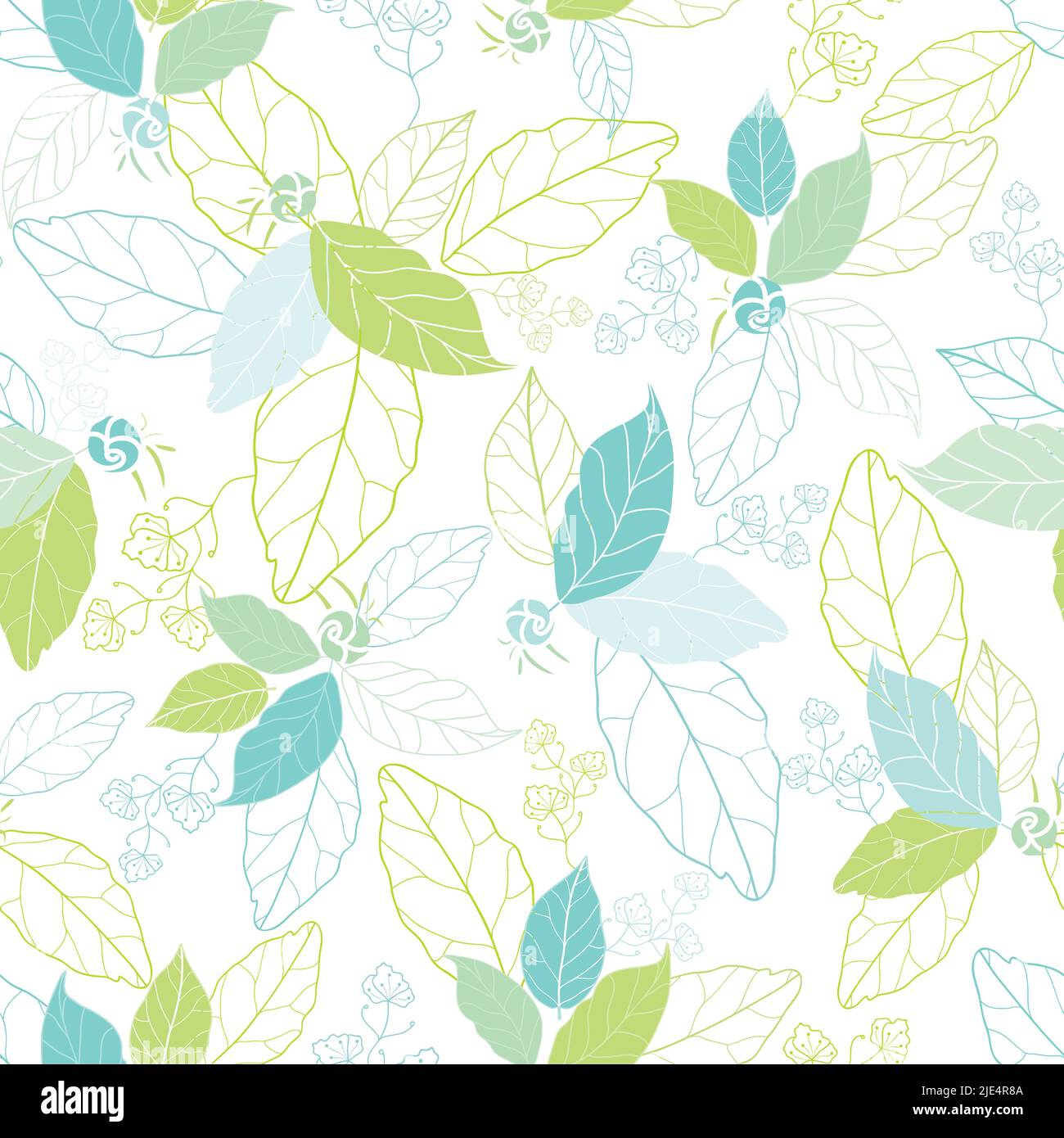 Blaugrüne Frühlingsblätter. Blumen Vektor wiederholen Muster Hintergrund. Linienkunst Texturmuster. Von Hand gezeichnet. Oberflächengestaltung Stock Vektor