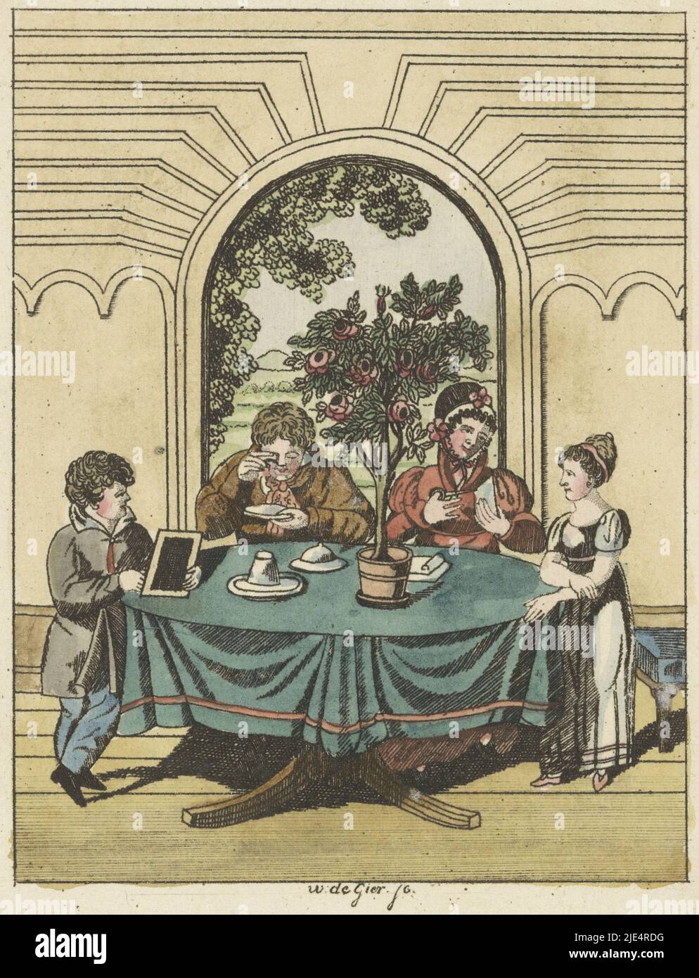Ein gemütliches Interieur. Zentral ein großer runder Tisch vor einem großen offenen Fenster. Auf dem Tisch ein Blumentopf mit einem Rosenbaum. Am Tisch ein Mann und eine Frau und zwei Kinder, Familie im Wohnzimmer., Druckerei: Willem de Gier, (auf Objekt erwähnt), Zaltbommel, 1821 - 1892, Papier, Ätzen, Pinsel, H 140 mm × B 110 mm Stockfoto