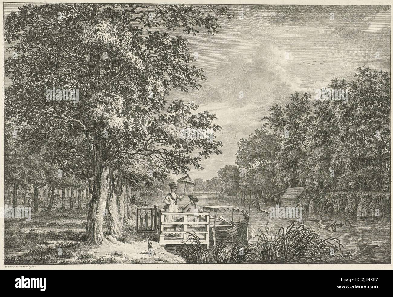 Das Ufer des Flusses Gein in der Nähe von Amsterdam. Im Vordergrund ein Paar in der Nähe eines Anlegesteg. Die Frau trägt einen Sonnenschirm. Der Mann raucht eine Pfeife, Landschaft mit einem Paar am Ufer des Gein., Druckerei: Jan Evert Grave, (auf Objekt erwähnt), Zeichner: Jan Evert Grave, (auf Objekt erwähnt), Amsterdam, 1769 - 1805, Papier, Radierung, Gravur, H 275 mm × B 384 mm Stockfoto
