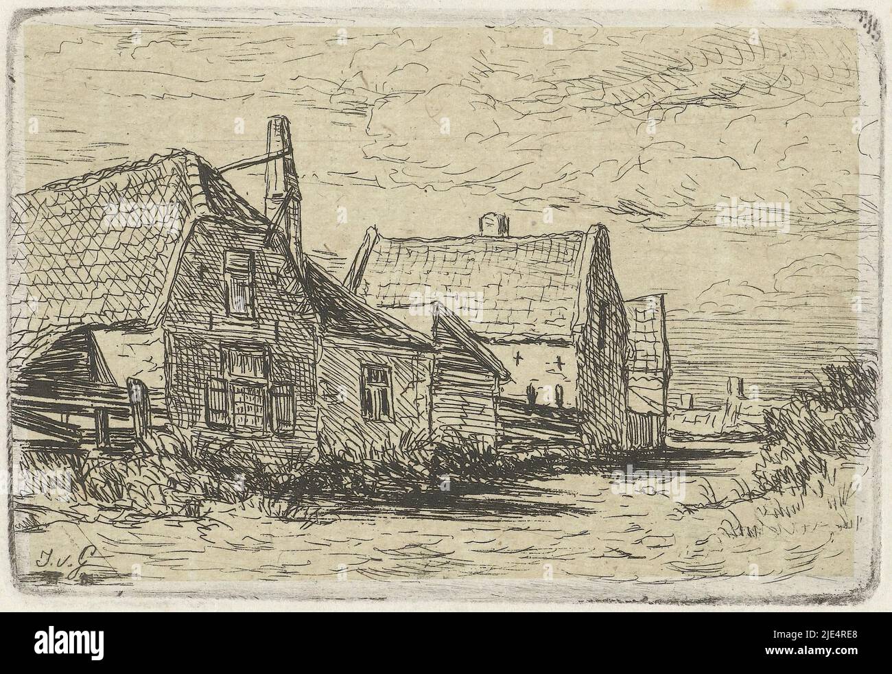 Eine öffentliche Straße durch Scheveningen. Ein paar Häuser auf der linken Seite, Straße durch das Dorf Scheveningen., Druckerei: Jacobus van Gorkom jr., (erwähnt auf Objekt), Den Haag, 1837 - 1880, Papier, Ätzung, B 97 mm - H 66 mm Stockfoto