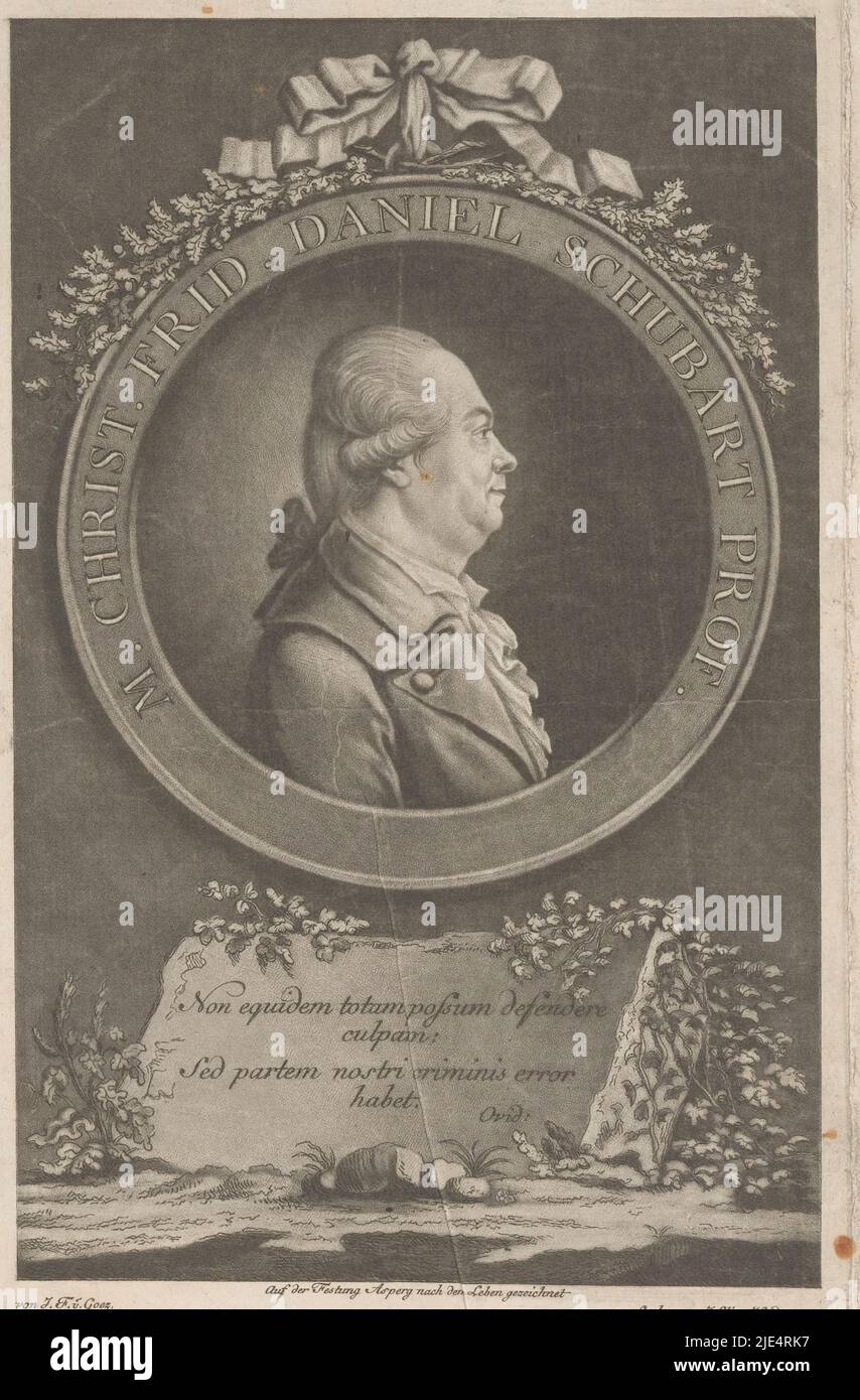 Porträt von Christian Friedrich Daniel Schubart, Druckerei: Johann Elias Haid, (auf Objekt erwähnt), Zeichner: Joseph Franz Freiherr von Goez, (auf Objekt erwähnt), Verlag: J.J. Haid et filius, (auf Objekt genannt), Augsburg, 1783, Papier, Ätzung, H 222 mm - B 139 mm Stockfoto