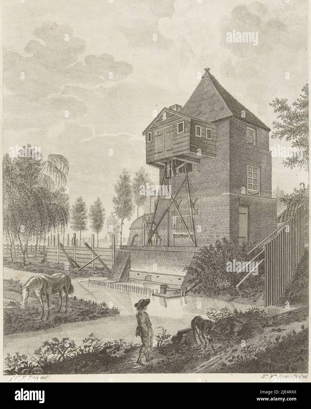 Dampfpumpstation, die 1786/1787 von der Batavian Society of Experimental Philosophy in Rotterdam für die Entwässerung des Polder Blijdorp auf der Rotterdamer Schie gegründet wurde. Da die Batavian Society von Patrioten dominiert wurde, wurde das Pumpwerk mit dem Spitznamen „The Keezending“ bezeichnet. 1902, später 2004, wurden die Fundamente der Pumpstation archäologisch erforscht: Dampfmaschine DAMPFMASCHINE. Auf der Schie-kade bei Rotterdam. Druckerei: Sophia Wilhelmina Evans, (auf Objekt erwähnt), Zeichner: Johannes Zacharias Simon Prey, ( Stockfoto